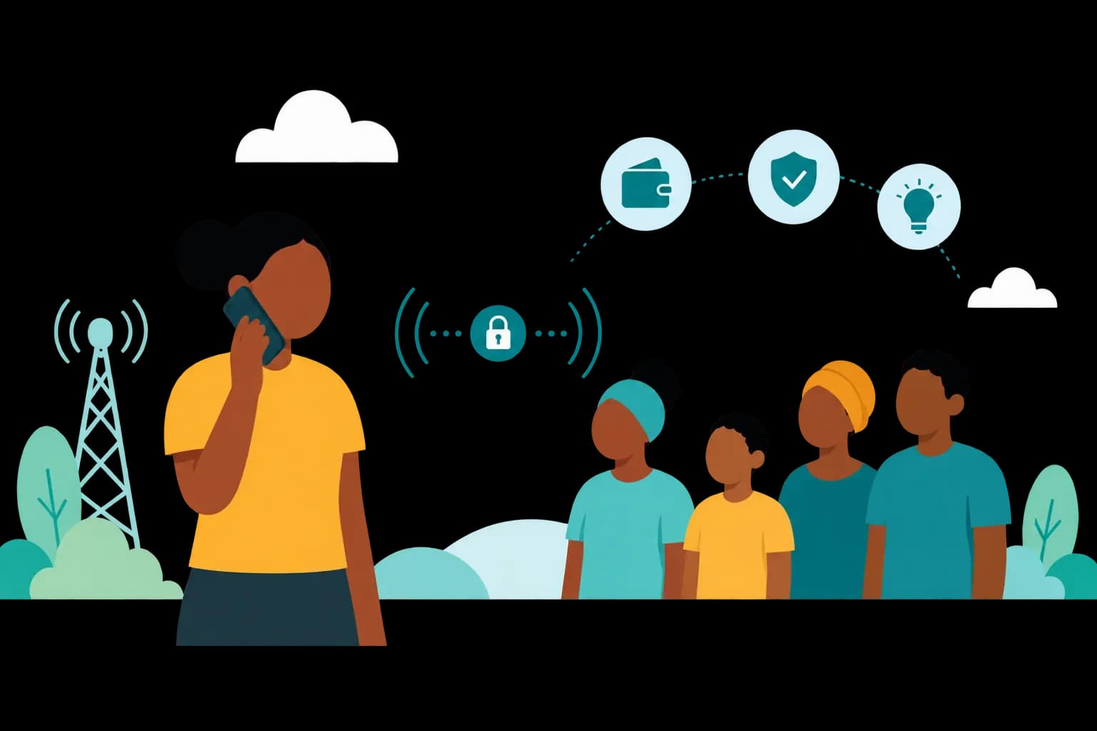 A woman on a phone call while a family waits, connected to banking, insurance and utility services