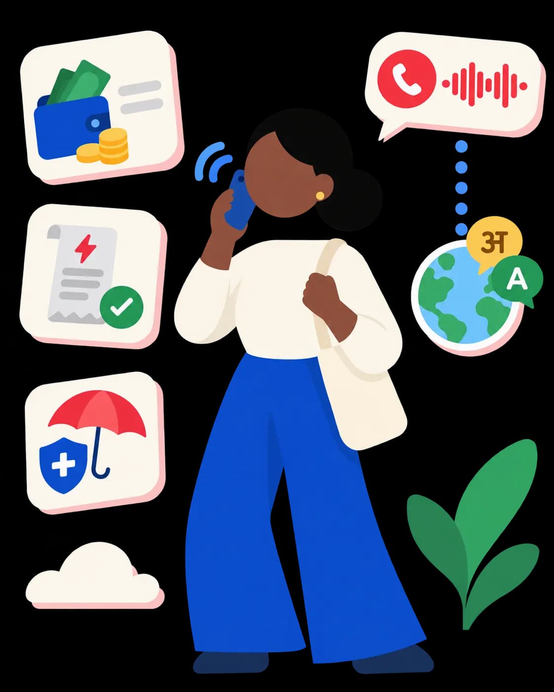 A woman on a phone call paying bills, handling insurance and money in her own language